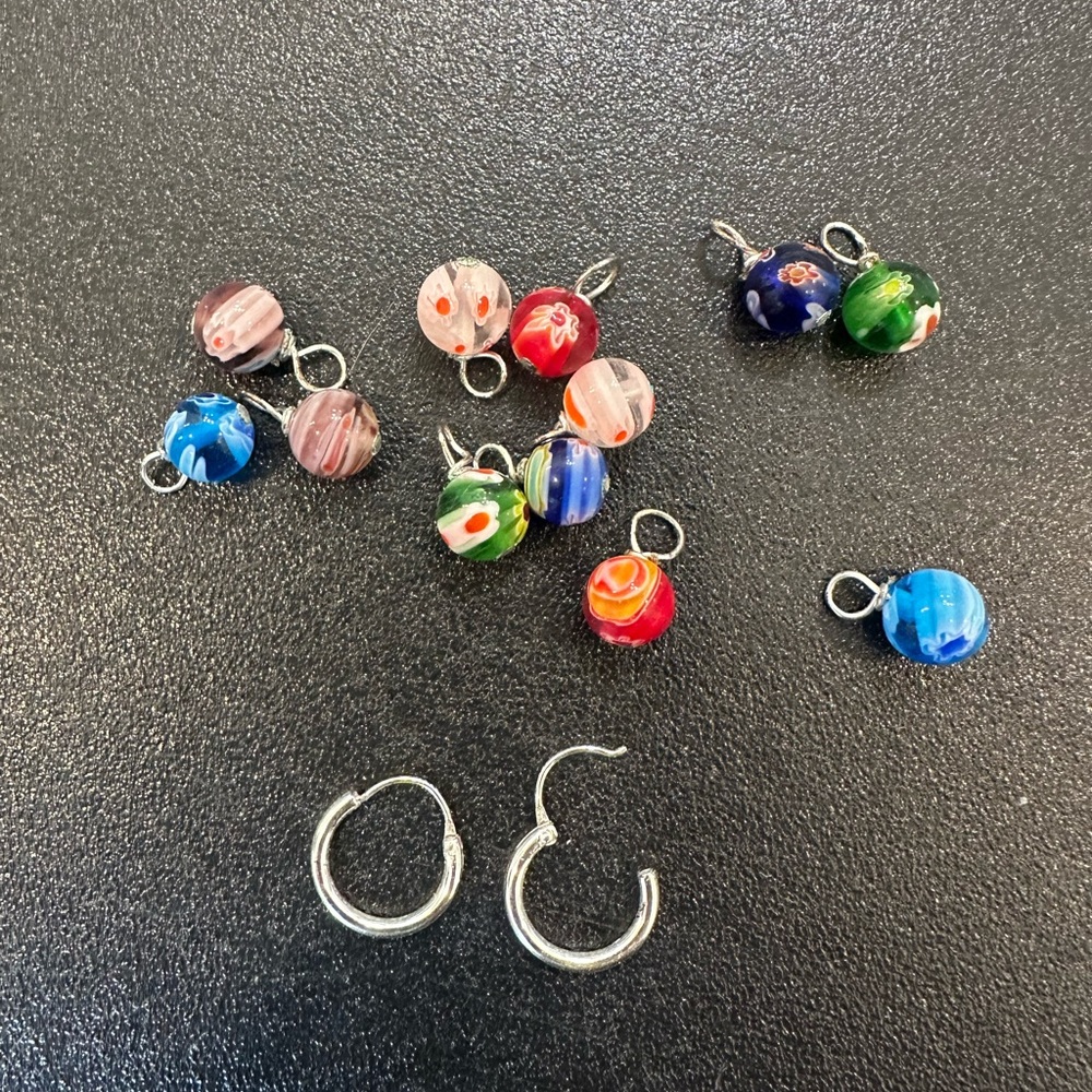 Sterling Silver hoops with  Glass Charm Earrings Set
